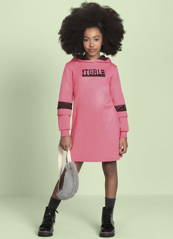 Milli e Nina - Vestido Malha Sport Felpada com Capuz Girl Rosa