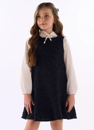 Quimby - Vestido Malha Texturizada Godê Preto - QUIMBY