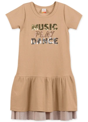 Marisol - Vestido Manga Curta Canelado Infantil Bege - MARISOL