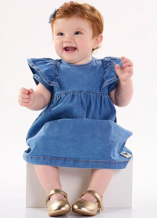Up Baby - Vestido Manga Curta em Jeans Azul