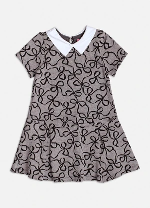 Momi - Vestido Manga Curta Jacquard com Laço Preto - MOMI