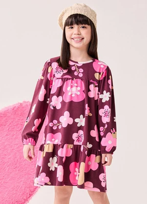 Bimbi - Vestido Manga Longa Bordo com Flores Estampado - BIMBI