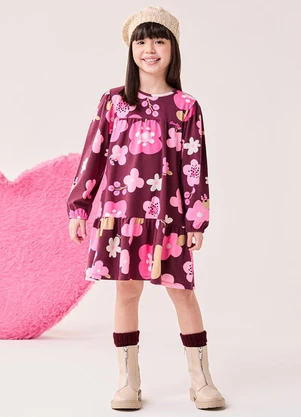 Bimbi - Vestido Manga Longa Bordo com Flores Estampado - BIMBI