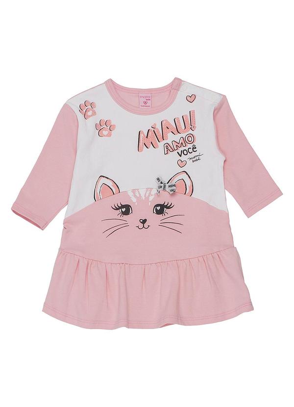 Momi - Vestido Manga Longa com Estampa de Gatinha Rosa