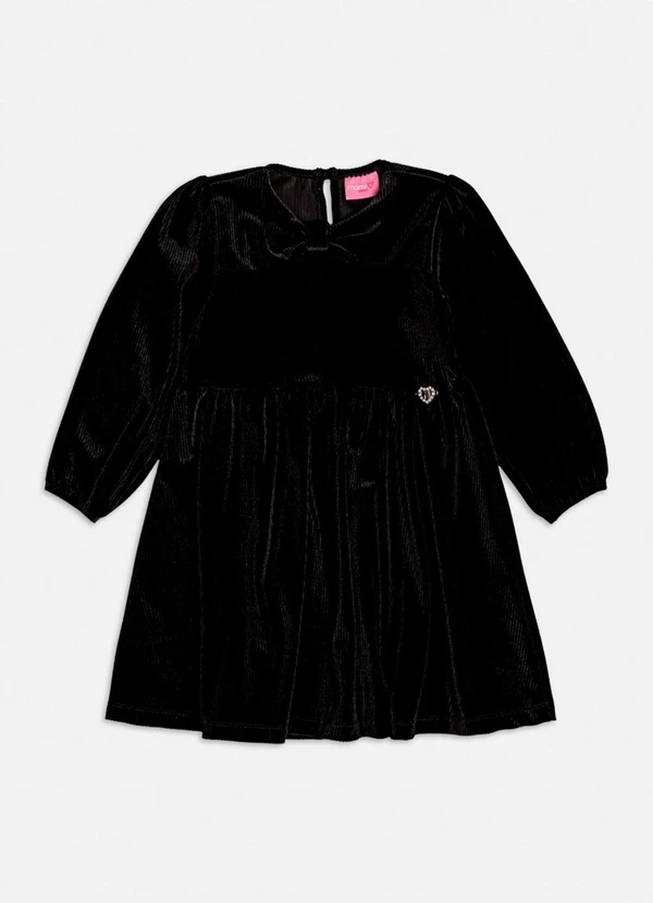 Momi - Vestido Manga Longa Cotelê com Laço Preto