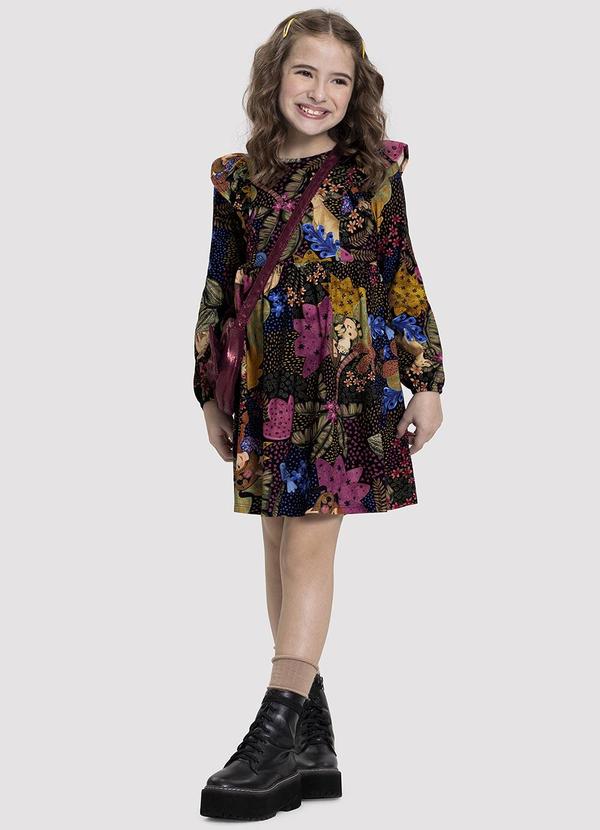 Alakazoo - Vestido Manga Longa Infantil Menina com Zíper Preto