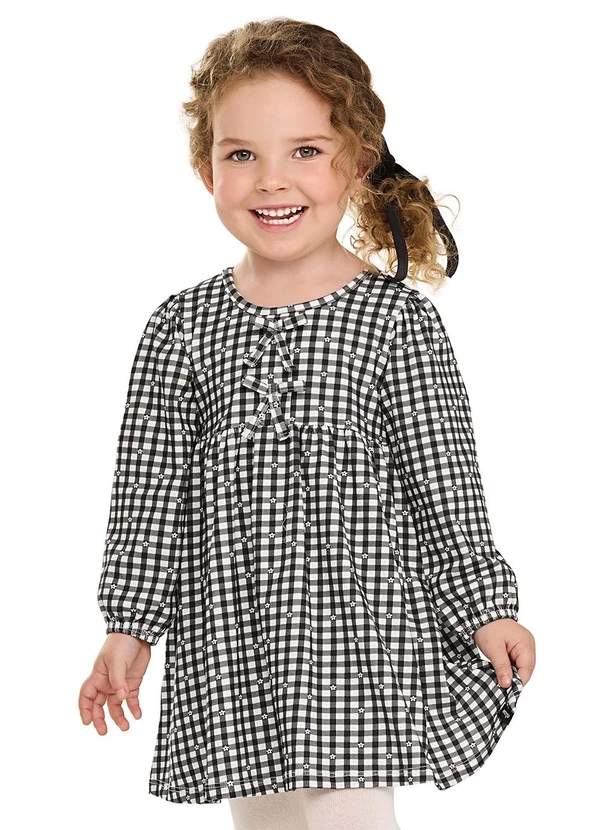 Elian - Vestido Manga Longa Infantil Xadrez Preto