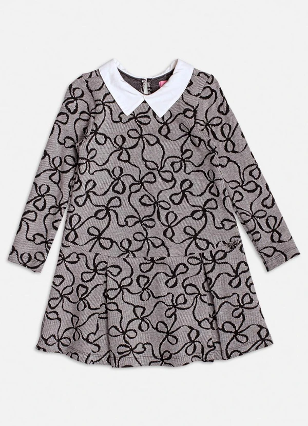 Momi - Vestido Manga Longa Jacquard com Laço Cinza