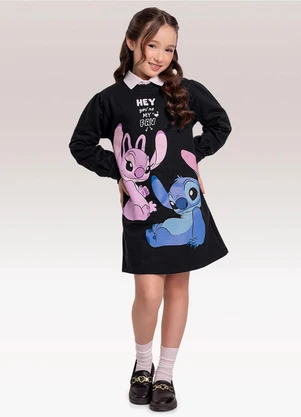 Fakini Kids - Vestido Manga Longa Lilo & Stitch Preto - FAKINI KIDS