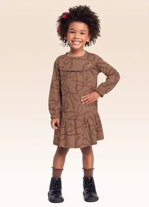 Fakini Kids - Vestido Manga Longa Marrom - FAKINI KIDS