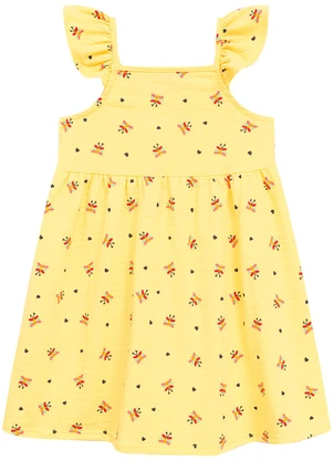 Duduka - Vestido Mangas Babado Estampa Libélulas Amarelo - DUDUKA