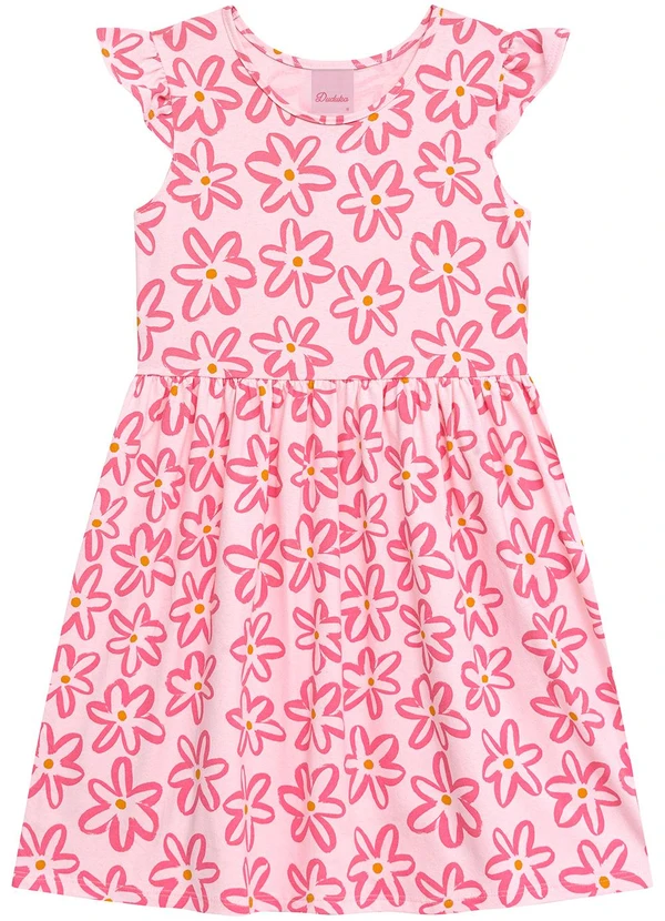 Duduka - Vestido Mangas Copinho com Estampa Flores Rosa