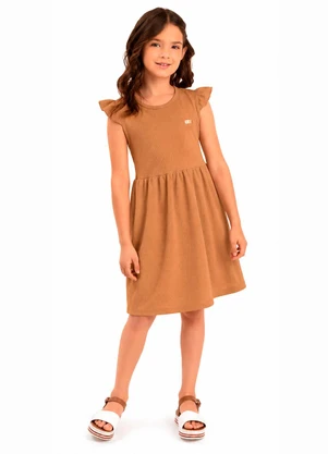 Duduka - Vestido Mangas Franzidas com Plaquinha  Bege - DUDUKA