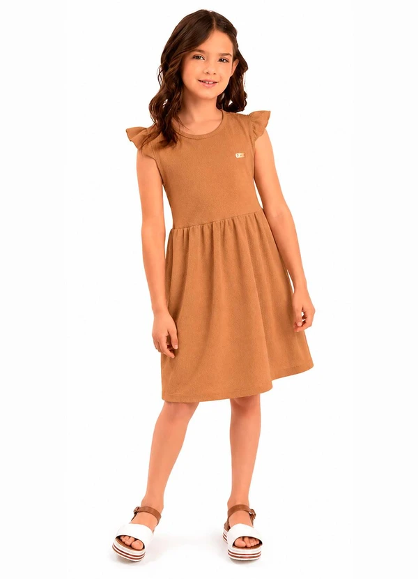 Duduka - Vestido Mangas Franzidas com Plaquinha Bege