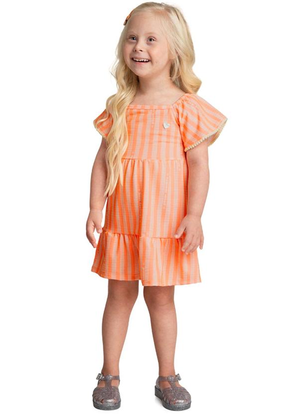 Marlan - Vestido Maquinetado Listrado Resort Laranja