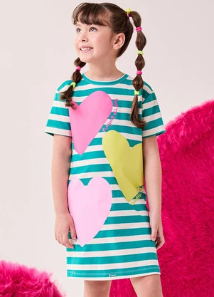 Bimbi - Vestido Menina com Listras e Corações Verde - BIMBI