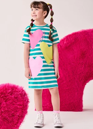 Bimbi - Vestido Menina com Listras e Corações Verde - BIMBI