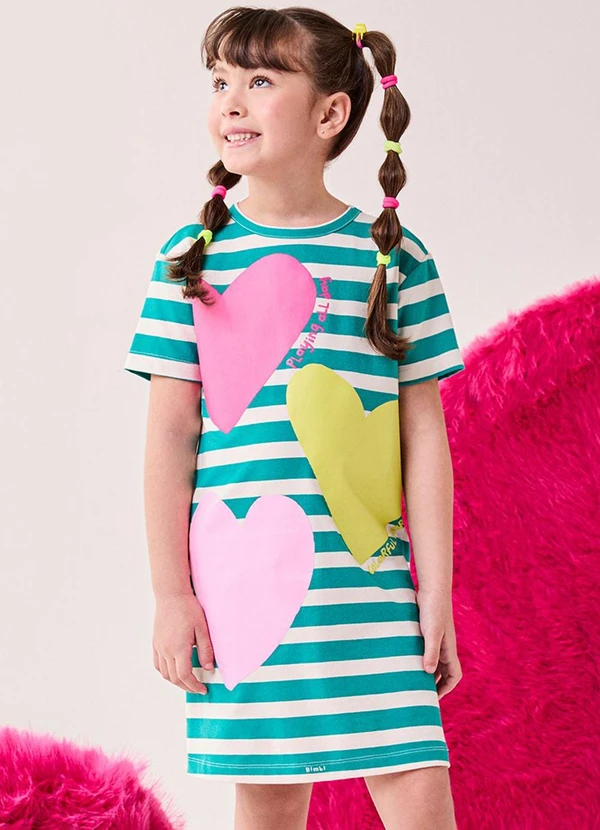 Bimbi - Vestido Menina com Listras e Corações Verde