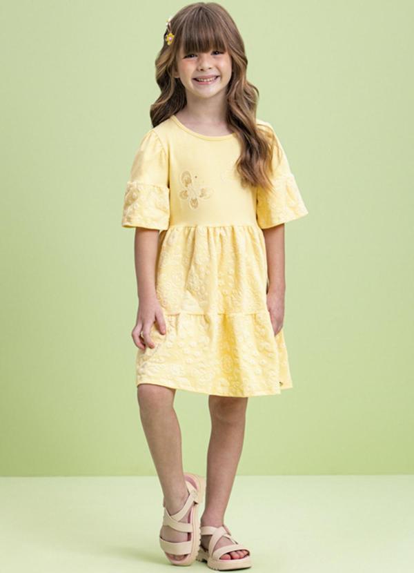 Milli e Nina - Vestido Menina Cotton Penteado Flores Amarelo