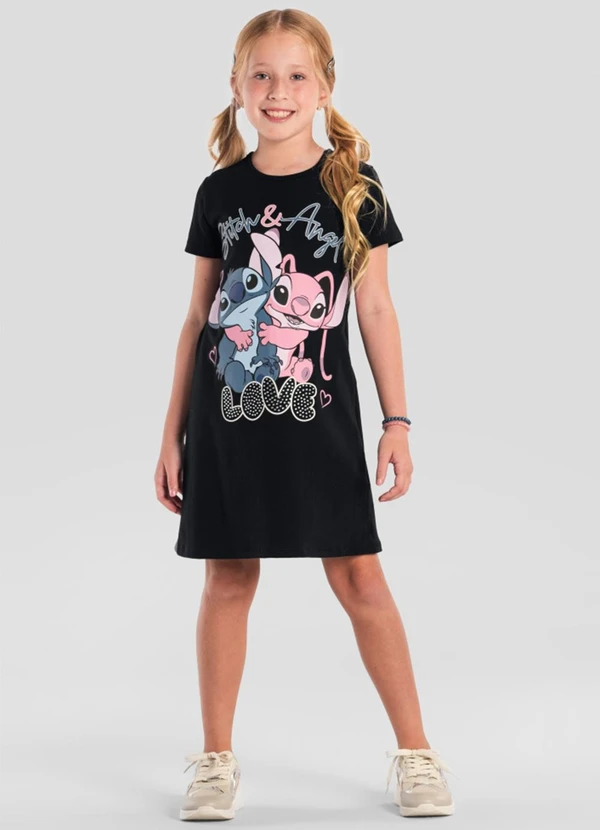 Brandili - Vestido Menina do Stitch Brilhante Preto