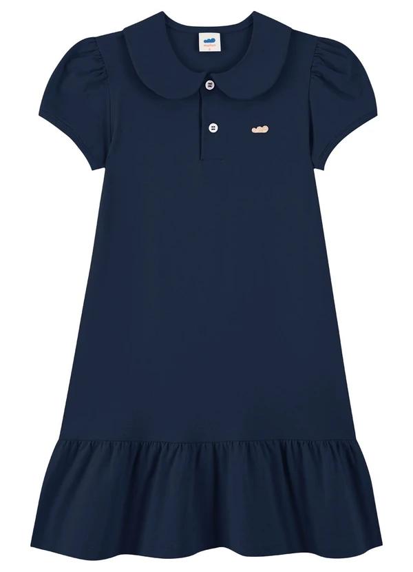 Marlan - Vestido Menina em Cotton Penteado com Gola Azul