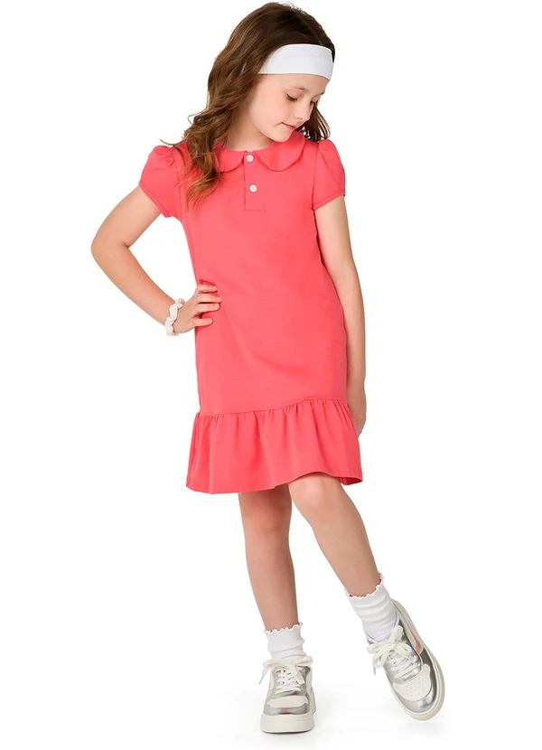 Marlan - Vestido Menina em Cotton Penteado com Gola Rosa