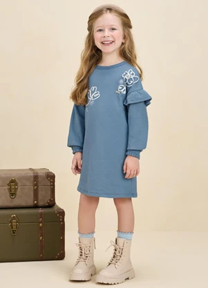 Milli e Nina - Vestido Menina em Malha Alfaitaria Dupla Azul - MILLI E NINA