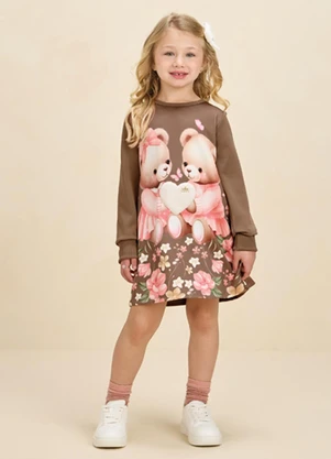 Milli e Nina - Vestido Menina em Newtech Sarjado Marrom - MILLI E NINA