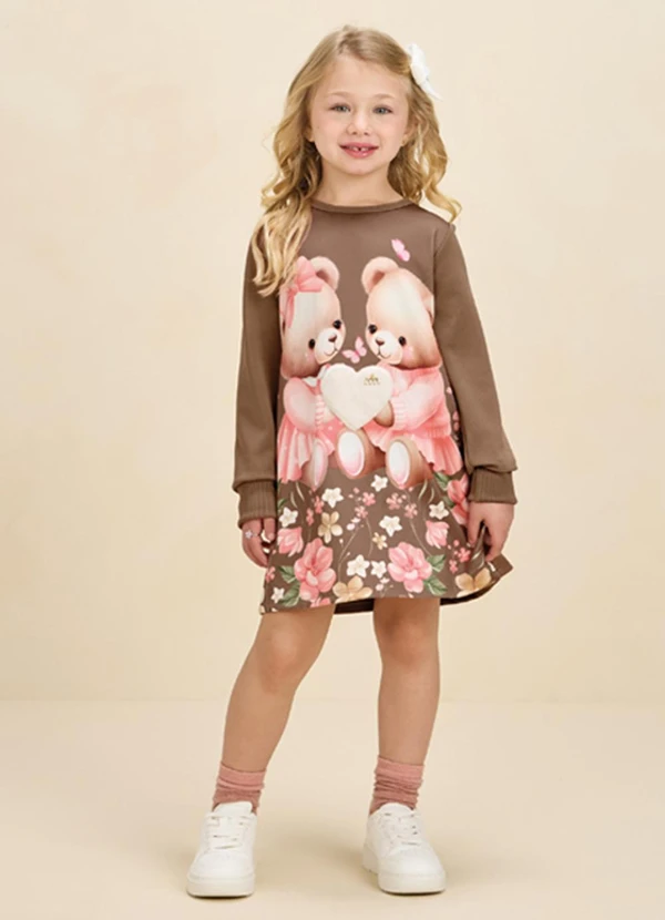 Milli e Nina - Vestido Menina em Newtech Sarjado Marrom