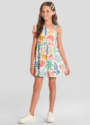 Brandili - Vestido Menina Estampado Assimétrico Natural - BRANDILI