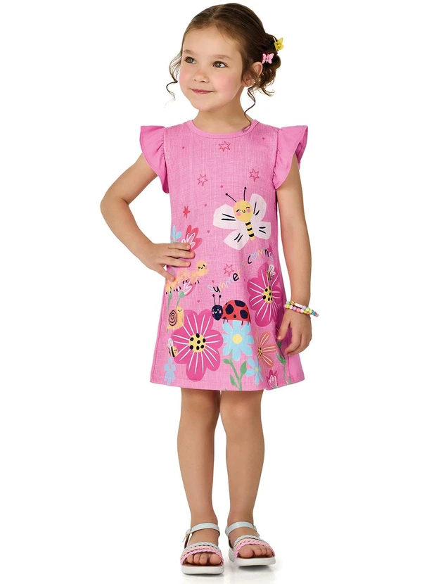 Marlan - Vestido Menina Estampado Manga Babado Rosa