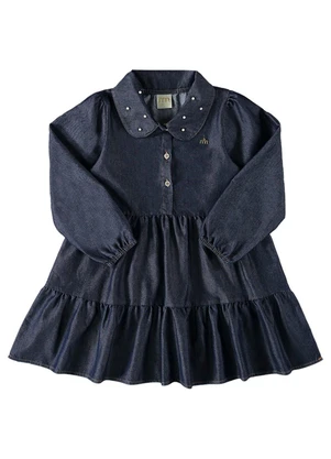 Milli e Nina - Vestido Menina Jeans Leve Pérolas Azul - MILLI E NINA