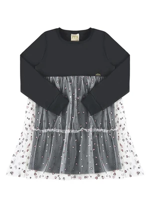 Milli e Nina - Vestido Menina Malha Sport e Tule Coração Preto - MILLI E NINA