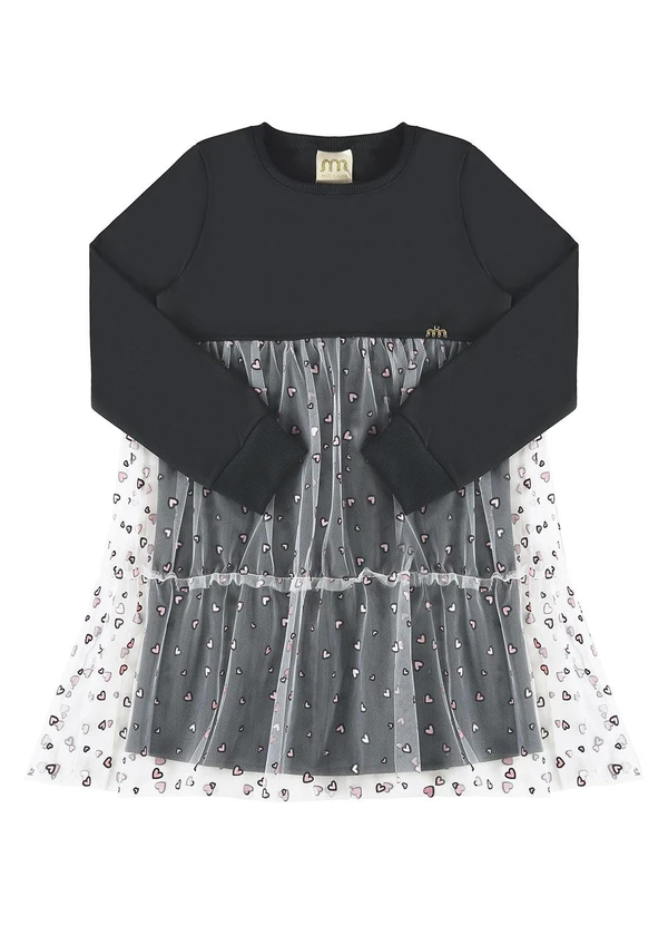 Milli e Nina - Vestido Menina Malha Sport e Tule Coração Preto