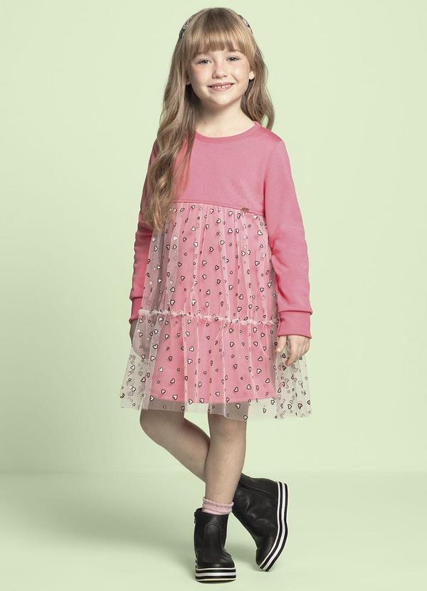 Milli e Nina - Vestido Menina Malha Sport e Tule Coração Rosa