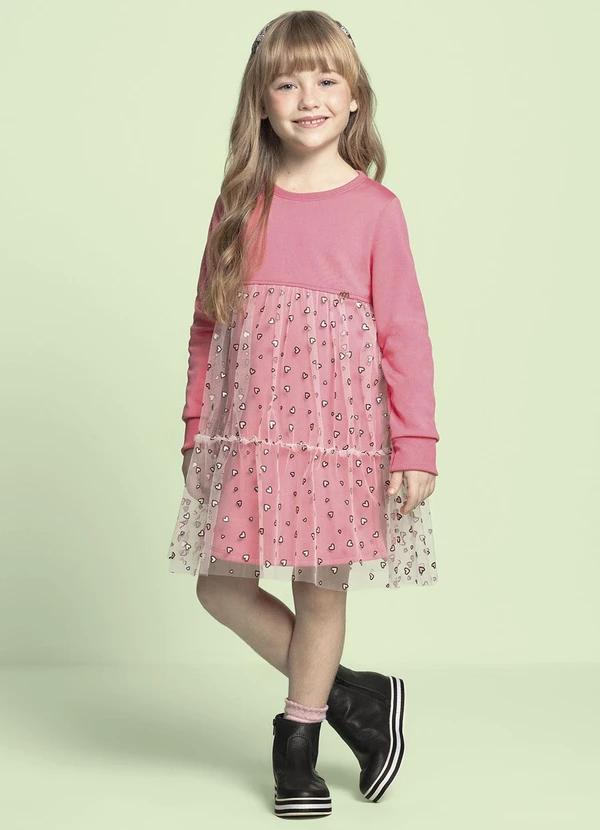 Milli e Nina - Vestido Menina Malha Sport e Tule Coração Rosa