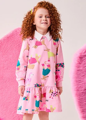 Bimbi - Vestido Menina Manga Longa com Cachorrinhos Rosa - BIMBI