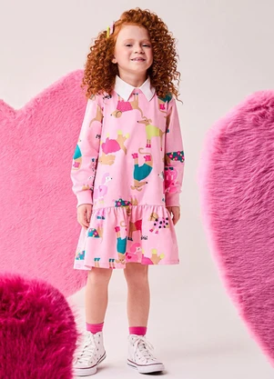 Bimbi - Vestido Menina Manga Longa com Cachorrinhos Rosa - BIMBI