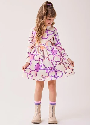 Bimbi - Vestido Menina Manga Longa com Cerejas Rosa - BIMBI