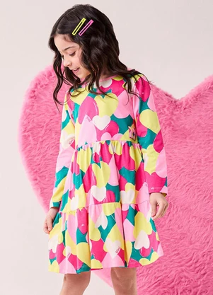 Bimbi - Vestido Menina Manga Longa com Corações Amarelo - BIMBI
