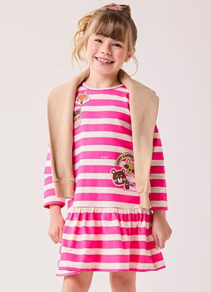 Bimbi - Vestido Menina Manga Longa com Listras Rosa - BIMBI