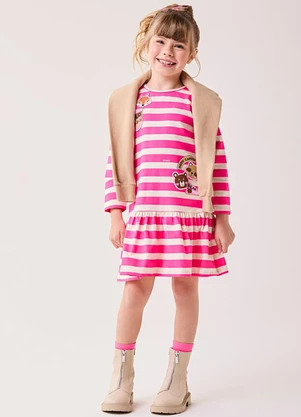 Bimbi - Vestido Menina Manga Longa com Listras Rosa - BIMBI