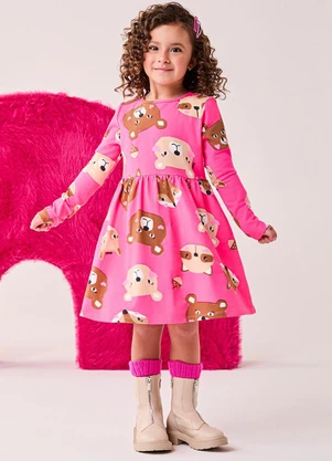 Bimbi - Vestido Menina Manga Longa de Bichinhos Rosa - BIMBI