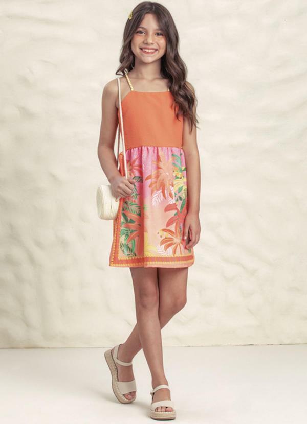 Milli e Nina - Vestido Menina Tecido e Alças Cordão Laranja