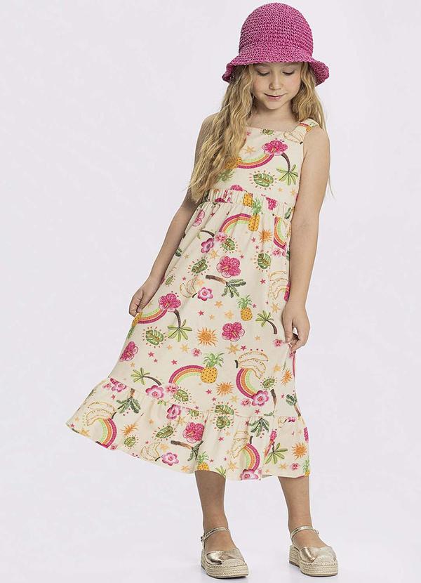 Alakazoo - Vestido Midi Alças Infantil Malha Estampada Bege 1