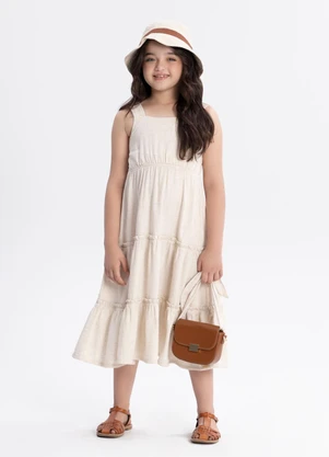 Alakazoo - Vestido Midi de Alças em Sarja com Linho Bege - ALAKAZOO