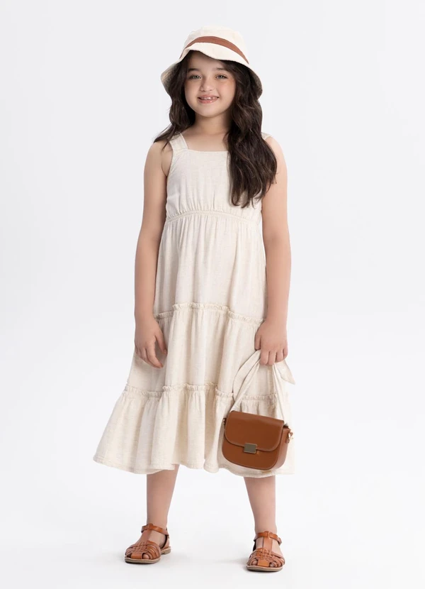 Alakazoo - Vestido Midi de Alças em Sarja com Linho Bege 1