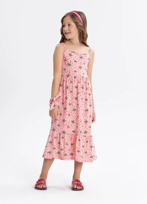 Alakazoo - Vestido Midi de Alças Penteada Rosa - ALAKAZOO