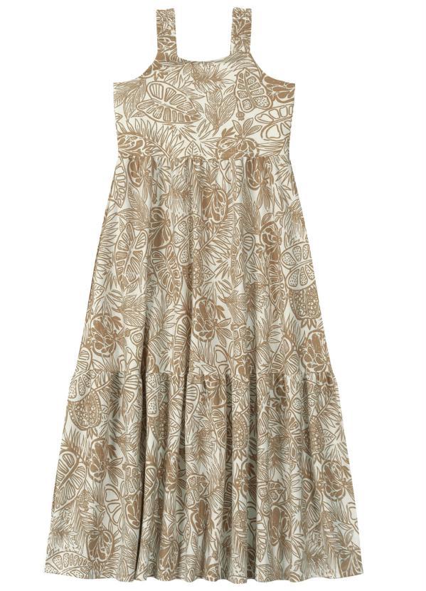 Carinhoso - Vestido Mídi Folhagens Bege