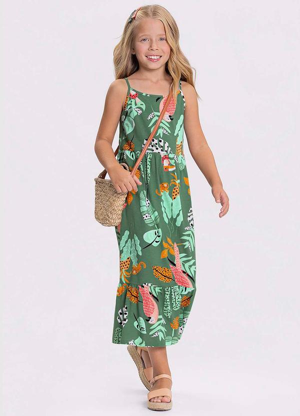 Alakazoo - Vestido Midi Infantil Alça Estampa FlorestaVerde